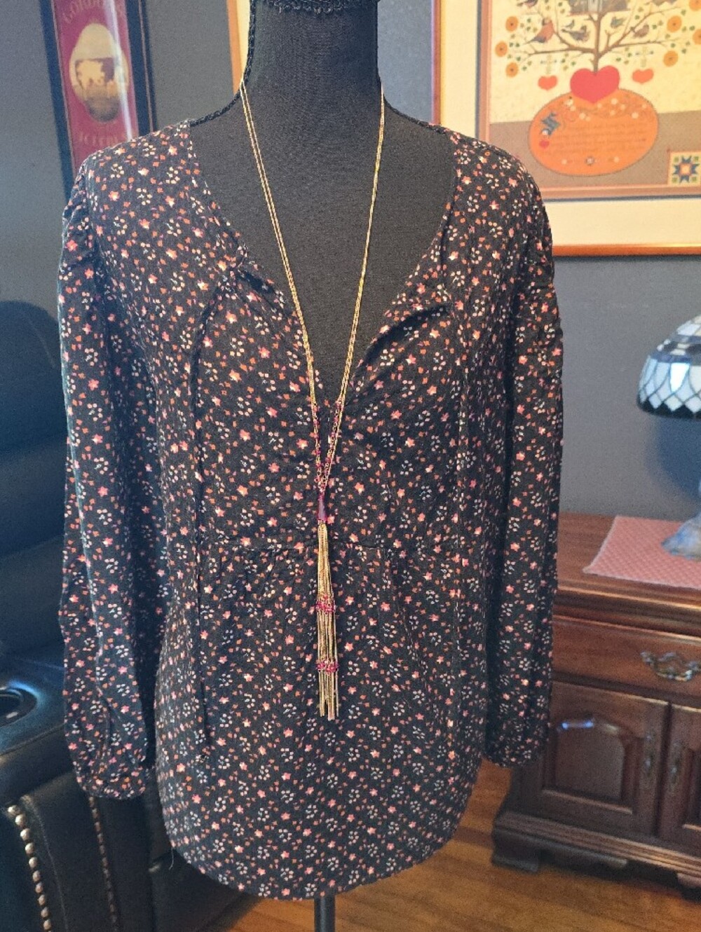 Universal Thread Black Floral Sleep Top with Pink & Orange Accents